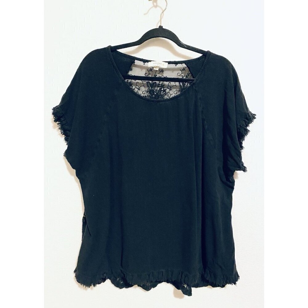 Umgee Top Womens 1XL Black Linen Blend Fringe Trim Lace Back Whimsigoth Witchy